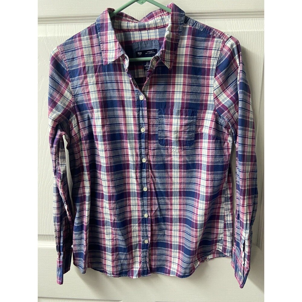 Gap Button Long Sleeved Shirt Womens Size Small Fushia Blue White Plaid